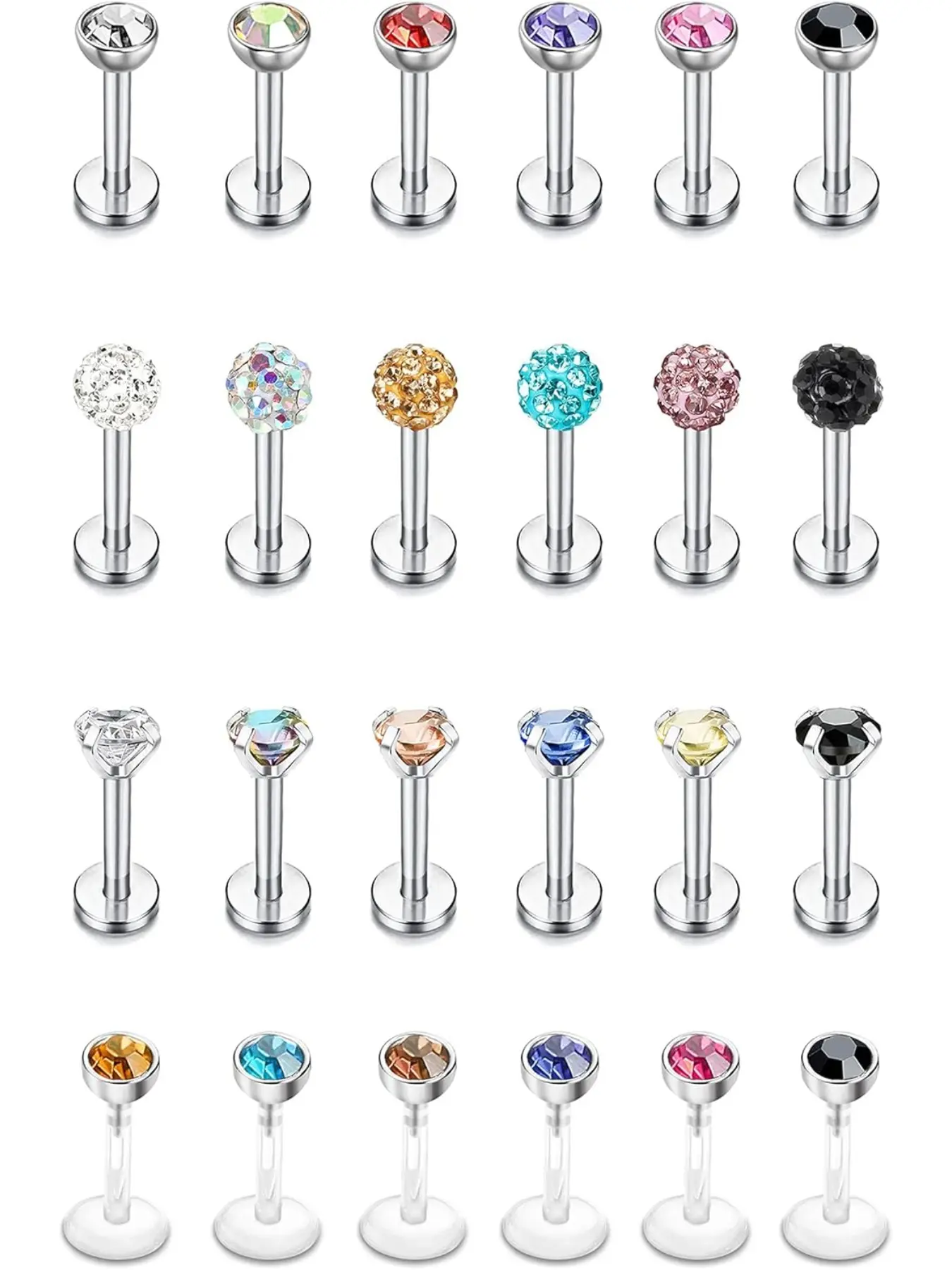 Pack of 24 16G Surgical Steel Lip Piercing for Men and Women 3 mm CZ Labret Piercing Tragus Monroe Medusa Piercing Lip Ring Cartilage Helix Piercings Jewellery Cubic Zirconia Jewelry Body Piercings Set