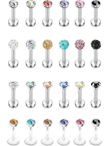Pack of 24 16G Surgical Steel Lip Piercing for Men and Women 3 mm CZ Labret Piercing Tragus Monroe Medusa Piercing Lip Ring Cartilage Helix Piercings Jewellery Cubic Zirconia Jewelry Body Piercings Set