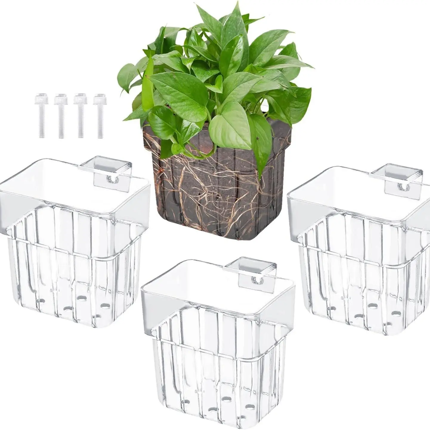 2-Pack/4-Pack Transparent Acrylic Fish Tank Aquarium Plant Holder, Top Hanging Planter with Hooks and Adjustable Cups, Suitable for Semi-Aquatic Plants, Visibility, Multiple Plants