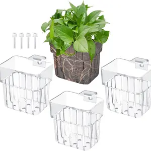 4-Piece Transparent Acrylic Fish Tank Plant Stand, Top-Mounted Hanging Planter with Hooks & Adjustable Cups, Suitable for Semi-Aquatic Plants