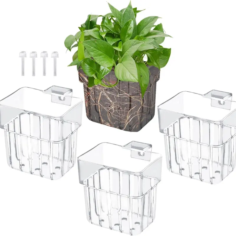 2-Pack/4-Pack Transparent Acrylic Fish Tank Aquarium Plant Holder, Top Hanging Planter with Hooks and Adjustable Cups, Suitable for Semi-Aquatic Plants, Visibility, Transparency, Multiple Plants, Aquarium Supplies