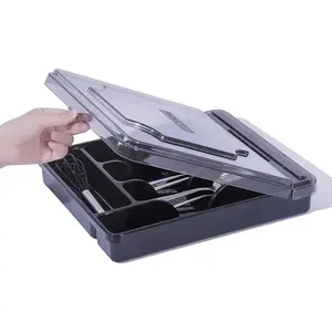 Silverware Organizer With Lid, Utensil Drawer Organizer.Removable Lid, 5 Slots Total Caddy for Flatware Cutlery Knives, Forks, Spoons.Black.