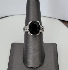 Hollow Out Oval Black Onyx Sterling Silver Ring Emerald Cut Solitaire Ring Engagement Rings