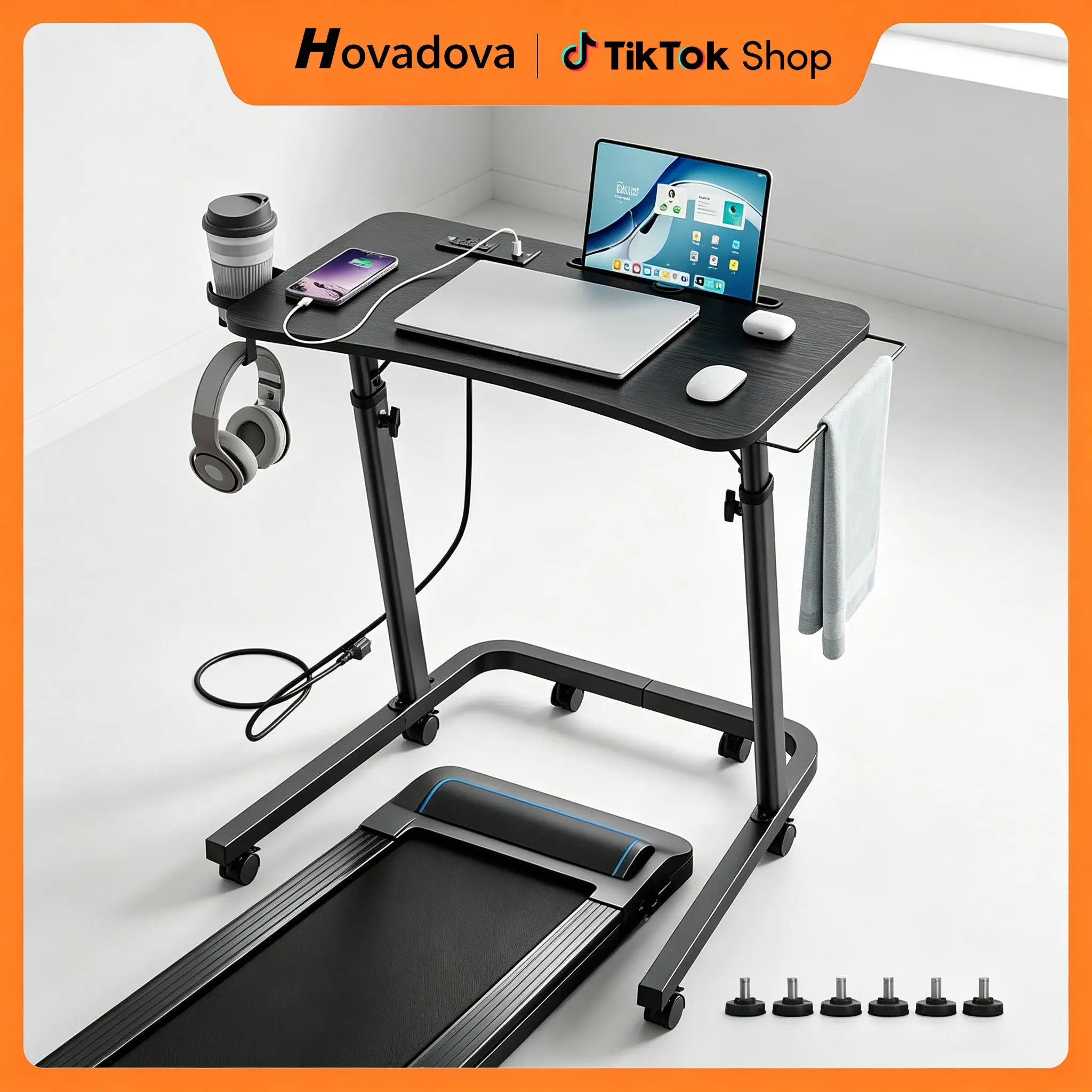 Adjustable Height Standing Desk for Walking Pad, Treadmill Desk with Wheels | Mobile Walking Pad Desk with Power Outlet, Cup Holder, Portable Laptop Table for Home Office Work, Bike and Cycling Training