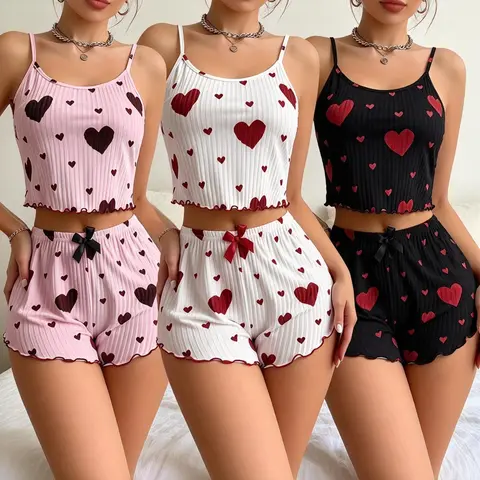 Women's Cozy Chic Multi-Color Knit Heart-Print Spaghetti Strap Ruffle Short Sleepwear Set - Soft Fabric All-Season Loungewear, No Excessive Bulk, Romantic Valentine Gift