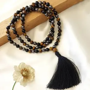 108 Mala Bracelet Tiger Eye Hematite Black Obsidian Beaded Tassel Pendant Meditation Healing Men Women Necklace