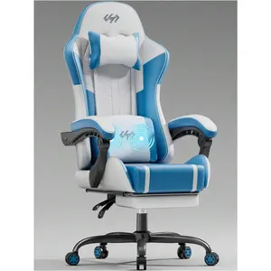 Gaming Chair With Pocket Spring Cushion, Video Game Chair, Gaming Computer Chair, Ergonomic Chairs For Adults With Headrest And Lumbar Support, Swivel PU Leather Office Chair, White & Blue