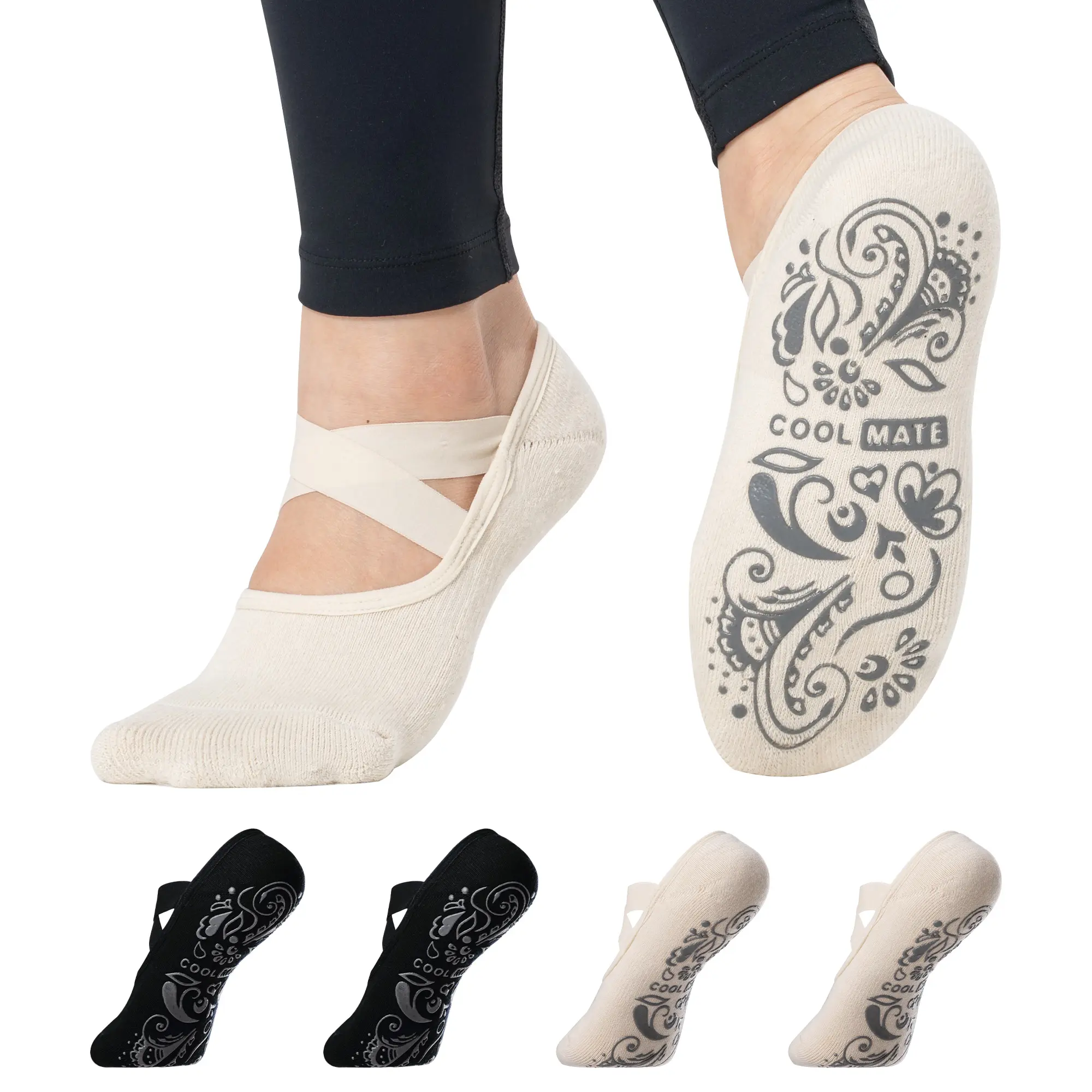 CoolMate Pilates Socks with Grips for Women, Yoga Socks, Crew Non Slip Women for Barre, Pilates Gifts (US, Numeric, 6, 10, Regular, Regular, A-01a. 2 Pairs Barre Black/Beige)