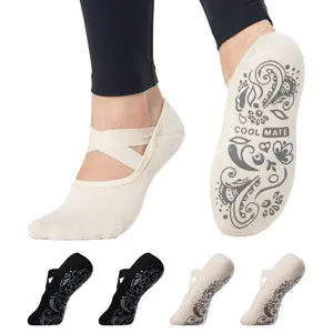 CoolMate Pilates Socks with Grips for Women, Yoga Socks, Crew Non Slip Women for Barre, Pilates Gifts (US, Numeric, 6, 10, Regular, Regular, A-01a. 2 Pairs Barre Black/Beige)