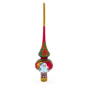 Santa Climbing Down Chimney on Red Mouth Blown Glass Christmas Tree Topper 11 Inches