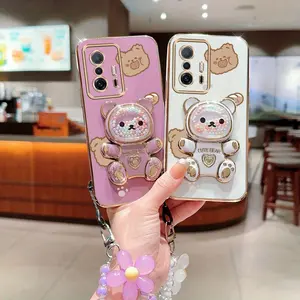MI11T Pro Cute Lovely Bear Style PC Fashion Strap Lanyard Phone Holder Case with Impact Resistant Cover Compatible with For Xiaomi Mi 11T Pro