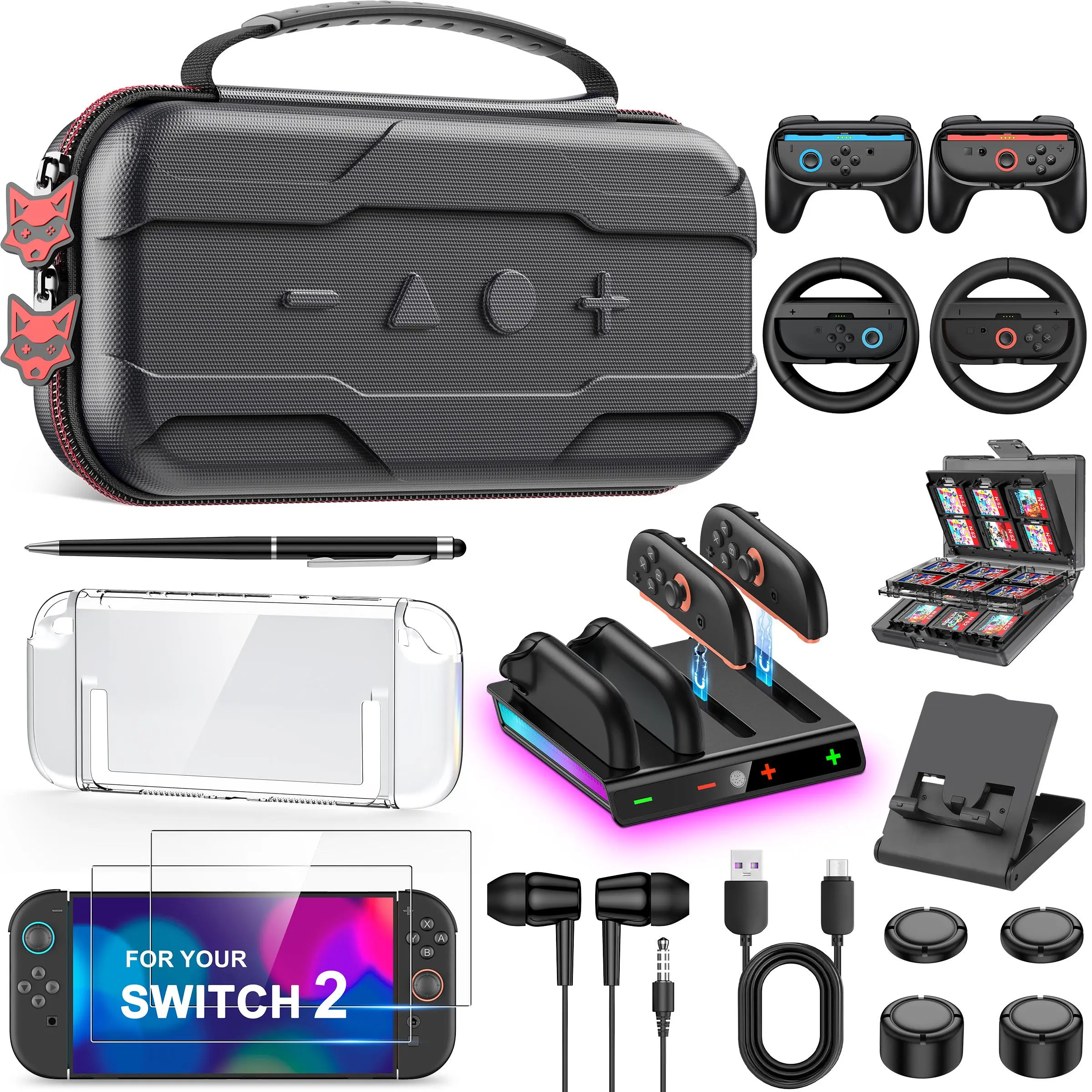 BEBONCOOL 11-in-1 Accessories Kit for Nintendo Switch 2 Console, Portable Device Bundle with Storage Bag, Steering Wheel, Controller Grips, Tempered Glass Screen Protector, Game Card Case, Earphones, Handle Charging Stand, Video Game, Plastic, Full Set, S