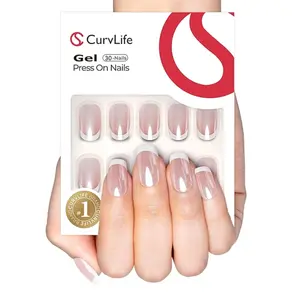 Curvlife short squoval french glue press on nails nude chrome-metallic french fingernails easy apply nail art