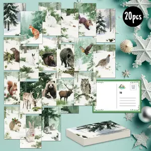 20pcs Watercolor depicts beautiful snow scenery and forest Christmas animals All Occasion postcard, unique Everyday gift for family & friends, congratulate, thank you