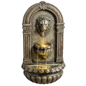 31" Wall-Mounted Outdoor Fountain – 3-Tier Lion Head Cascading. Warm White LED Lights. Adjustable 3-Speed Pump. Rust-Proof Hand-Painted Resin. Bronze