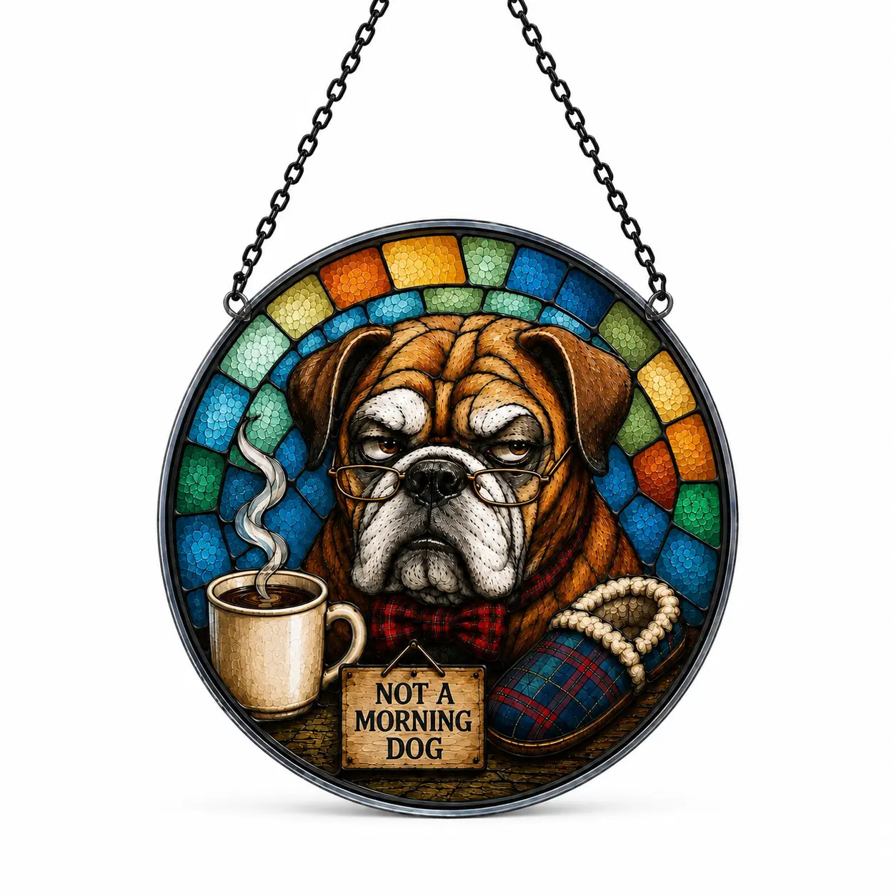 Funny Bulldog Suncatcher, Not a Morning Dog Window Hanging, Coffee Lover Dog Decor, Stained Glass Style Round Ornament, Bulldog Lover Gift, Funny Home Window Decor