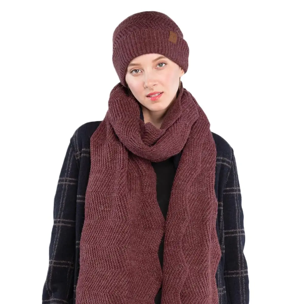 C.C Women's Chevron Pattern Knit Beanie Hat and Scarf Set for Winter Warmth - Black, One Size