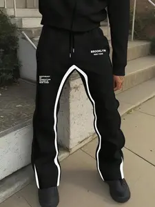 Men's Casual Letter Print Drawstring Waist Jogger Pants, Fitted Loose Fit Streetwear Long Pant, All-Season Moderate Fabric, Wide Leg Sweatpants, Flare Leg Sports, Casual Sports Trousers