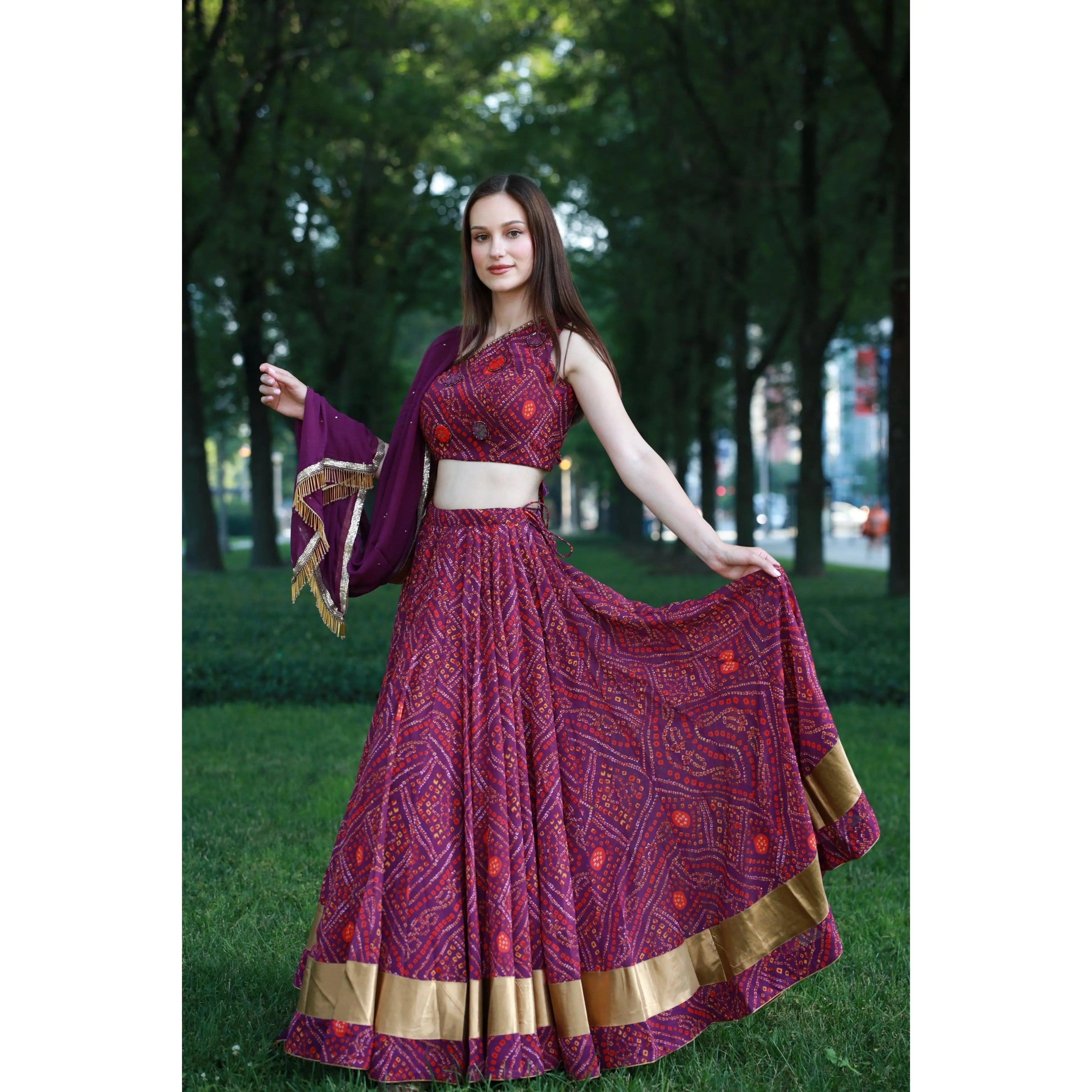 Bandhani Print Wine Lehenga Choli Set With One Shoulder Blouse