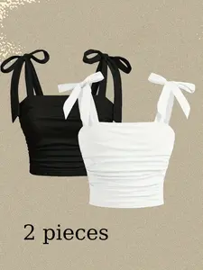 Teenagers' & Sleeveless Top Set, Casual Sleeveless Crop Versatile Shirt for Young Teens, Dry Cleanable