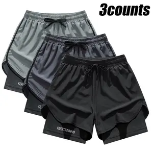 Men's sports shorts, summer shorts in one piece, double-layer quick-drying shorts, functional fitness pants, casual jogging sports pants, side elastic pocket for holding mobile phone