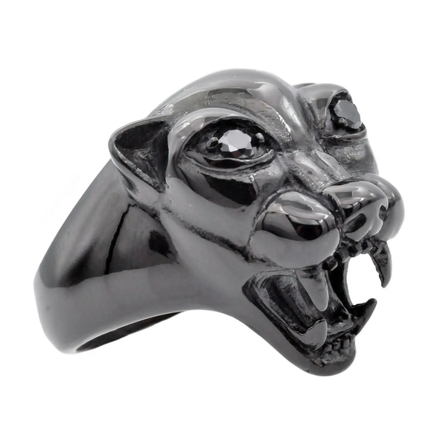 Mens Black Stainless Steel Panther Ring With Black Cubic Zirconia