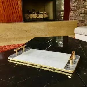 Black & White Rectangular Marble Tray w/Gold Dented Border