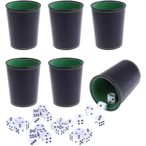 Leather Dice Cup, Quite Felt-Lined Interior, 6 Shaker Cups and 30 Dot Dices, one Carry Bag (Black and Green)