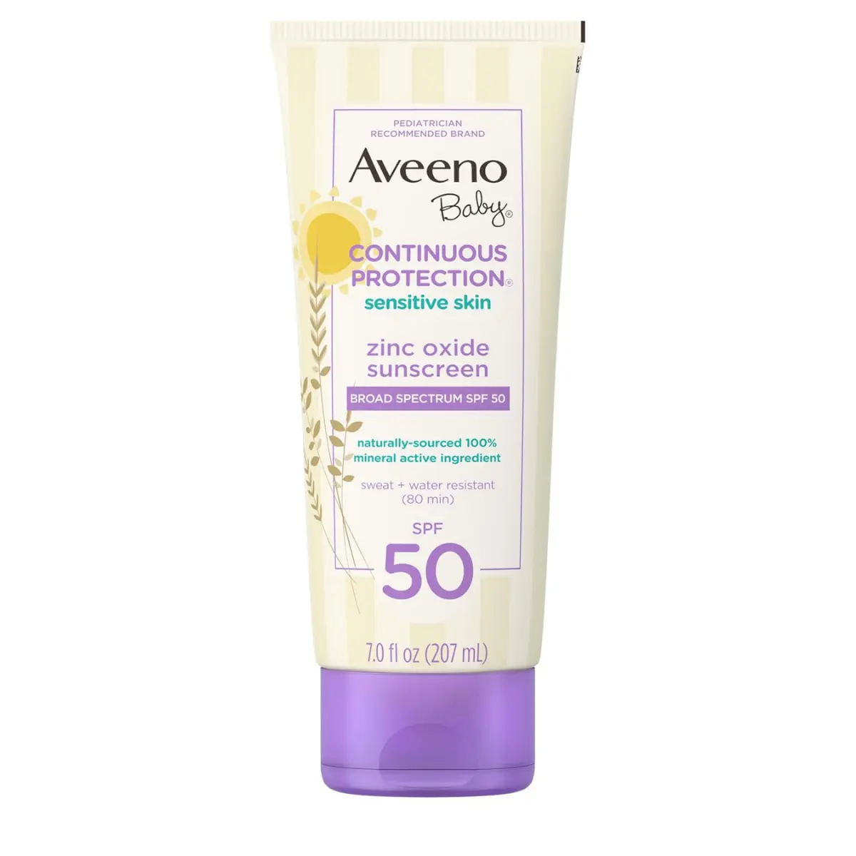 Aveeno Baby Continuous Protection Mineral Sunscreen Lotion, SPF 50, 7 fl oz, Broad Spectrum, Zinc Oxide, Sensitive Skin-Safe, Tear-Free, Sweat & Water-Resistant, Non-Greasy