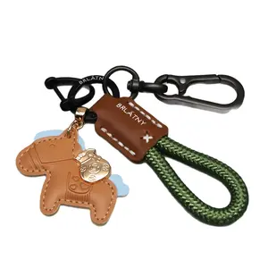Handmade Cow Leather Pony Keychain Get Rich Now Car Braided Rope Keychain Bag Pendant Gift