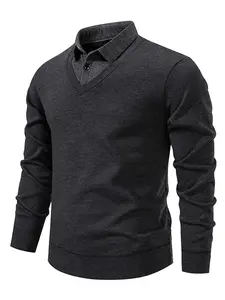 Men's Cozy Faux Two-Piece Knitted Sweater, Elastic Fabric, Long Sleeve, Casual Trendy Pullover, Suitable for Cold Weather & Daily Wear, Knitwear