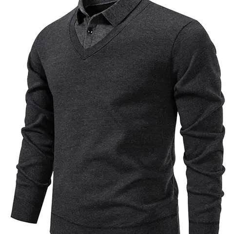 Men's Cozy Faux Two-Piece Knitted Sweater, Elastic Fabric, Long Sleeve, Casual Trendy Pullover, Suitable for Cold Weather & Daily Wear, Fashion Knit Clothing, Knitwear, Knitted Clothes