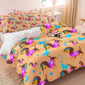 Cute Dachshund Duvet Cover Set (1 Duvet Cover + 1/2 Pillowcases, No Core), Soft Breathable Orange Background & Polka Dot Print Bedding, All Season Comforter Cover for Bedroom, Kids Room