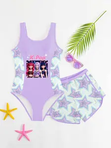 Kids K-Pop Boho Style Swim Set, Sleeveless One-Piece + Macaron Star Briefs, All over Print, Slim-Fitting, Beachwear, Tween Swimsuit