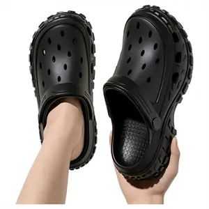 Unisex Black Platform Clogs - Breathable Perforated Garden Shoes with Non-Slip Rugged Sole, Adjustable Heel Strap for Indoor Outdoor Use, Casual Beach & Shower Slippers