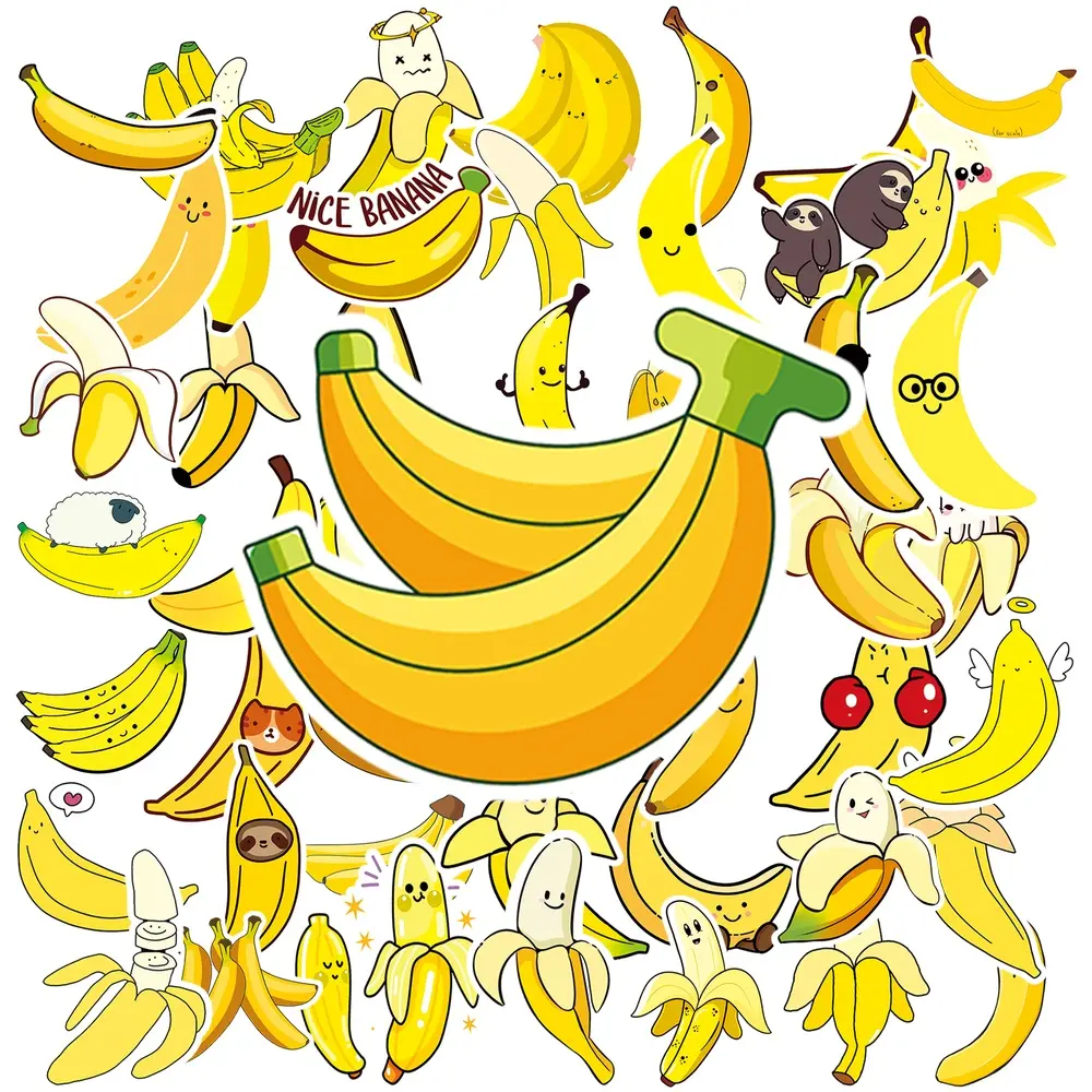 50PCS Cute Banana Stick-On Vinyl Decals Pack with Fun Designs, Kawaii Yellow Decorating Stickers for Kids, Personalize Smooth Surface Car Interiors, Laptops & DIY Crafts Gifts #BananaStickers #KawaiiStickers #CuteFinds