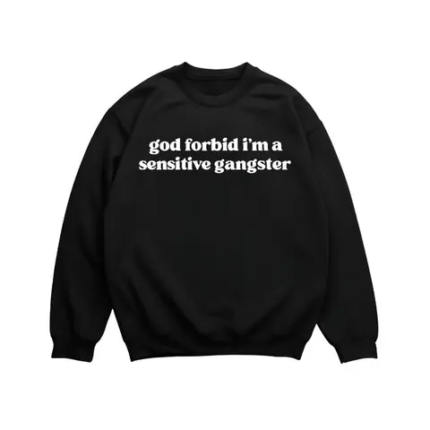 "God Forbid I’m a Sensitive Gangster" Quote Print, Unisex-Fit Spandex Streetwear, Funny Sarcastic Animal-Theme Gift Casual Top, Longsleeves, Round Neck