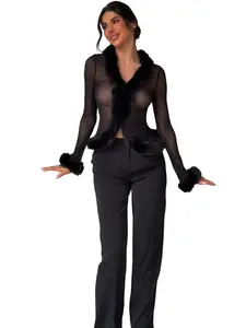 Sheer Mesh Cropped Cardigan Top Blouse with Faux Fur Collar Detail Knitwear Long Sleeve