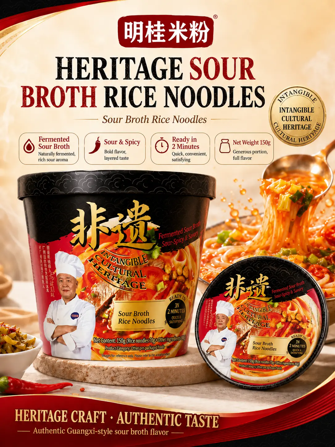 Instant Rice Noodles Cup, Sour Spicy Chinese Noodles, Guangxi Style Rice Noodle Soup, Quick Asian Meal