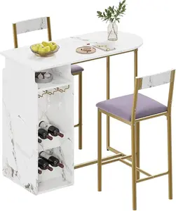 Bar Table and Chairs Set for 2, Stylish Dining Table with Triple Tier Wine Rack, Glass Hanging, Elegant White Marble Pattern, and Plush Velvet Seats, Perfect for Home & Office