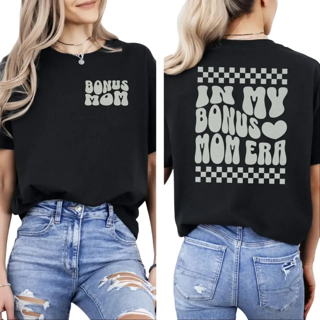 Retro Checkered Bonus Mom Shirt 2 Sides, Mother Tee For Step Mothers, B*st Stepmom Gift For Mother's Day, Unisex Short Sleeve Tee, Classic Streetwear