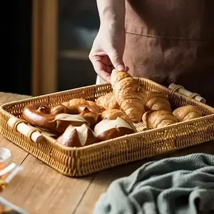 Woven Rattan Storage Basket with Handle, 1 Piece Modern Rectangular Shallow Tray, Stackable Snack Basket for Living Room, Bedroom, Kitchen, Bathroom, Cozy Basket, Home Organizer