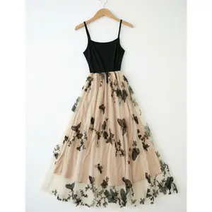 Vintage Women's Lace and Tulle Embroidered Slip Dress, Sleeveless, Backless Design, Floral Pattern, Perfect for Spring and Summer