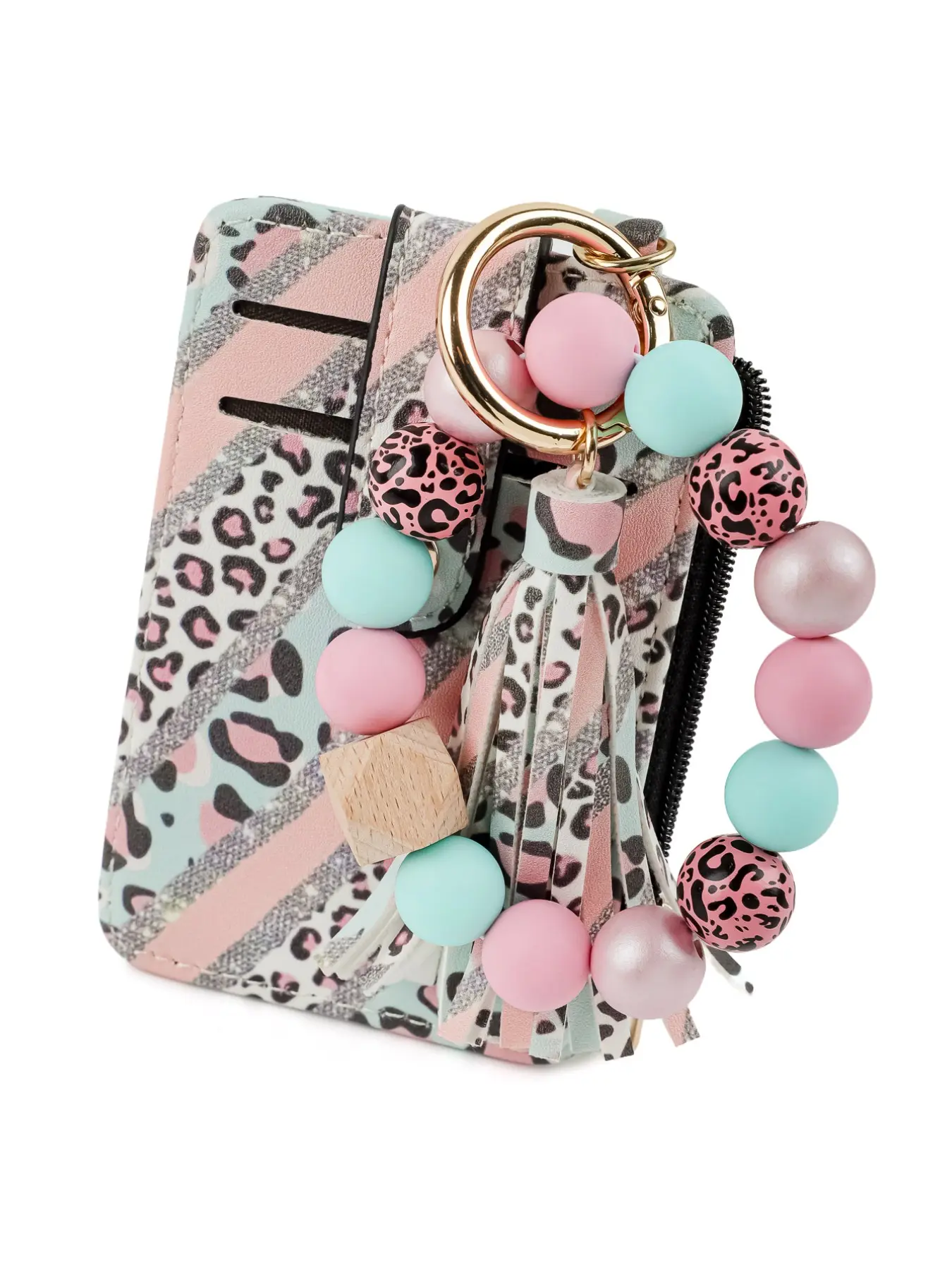 Fashion card holder, and keychain featuring a cross or coffee cup charm paired with pastel blue contrast beads. The leopard-print color scheme complements casual and bohemian outfits. The snap closure design holds credit car with card slot