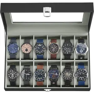 Watch Box, 12-Slot Watch Case Organizer with Large Glass Lid, Removable Pillows,  for Loved Ones, Black Synthetic Leather, Gray Lining UJWB12BK