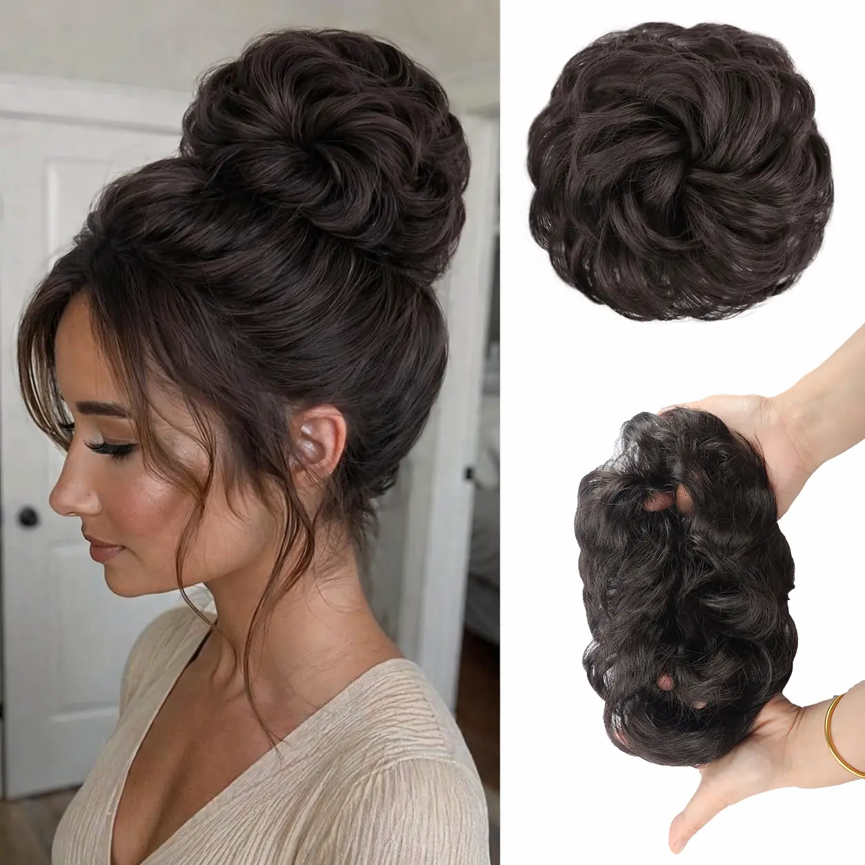 8Inch Messy Bun Hair Piece Wavy Curly Synthetic Updo Chignon Fake Scrunchies Ponytail Extension for Women quick style plate natural fluffy hair bun