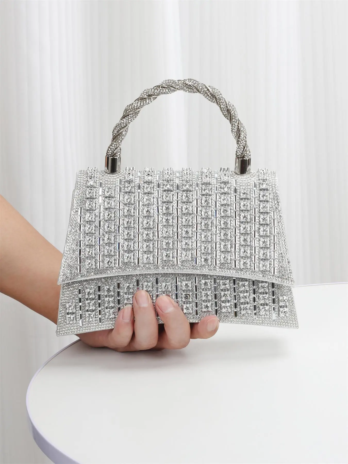 Women's Elegant Rhinestone Decorated Handbag, Exquisite Trendy Braid Design Strap Handbag, Fashionable Bag for Party Decoration, Top Handle Handbag, Elegant Bags