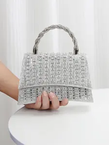 Women's Elegant Rhinestone Decorated Handbag, Exquisite Trendy Braid Design Strap Handbag, Fashionable Bag for Party Decoration, Top Handle Handbag, Elegant Bags