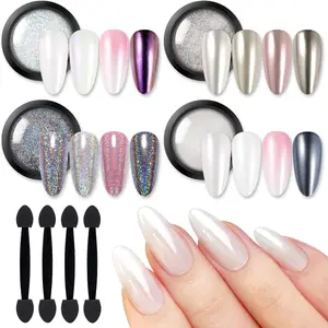 Chrome Nail Powder,White Pearl Metallic Mirror Holographic Chrome Powder for Nails,Pearl Glitter Pigment Dust Kit Nail Art Decoration Sets