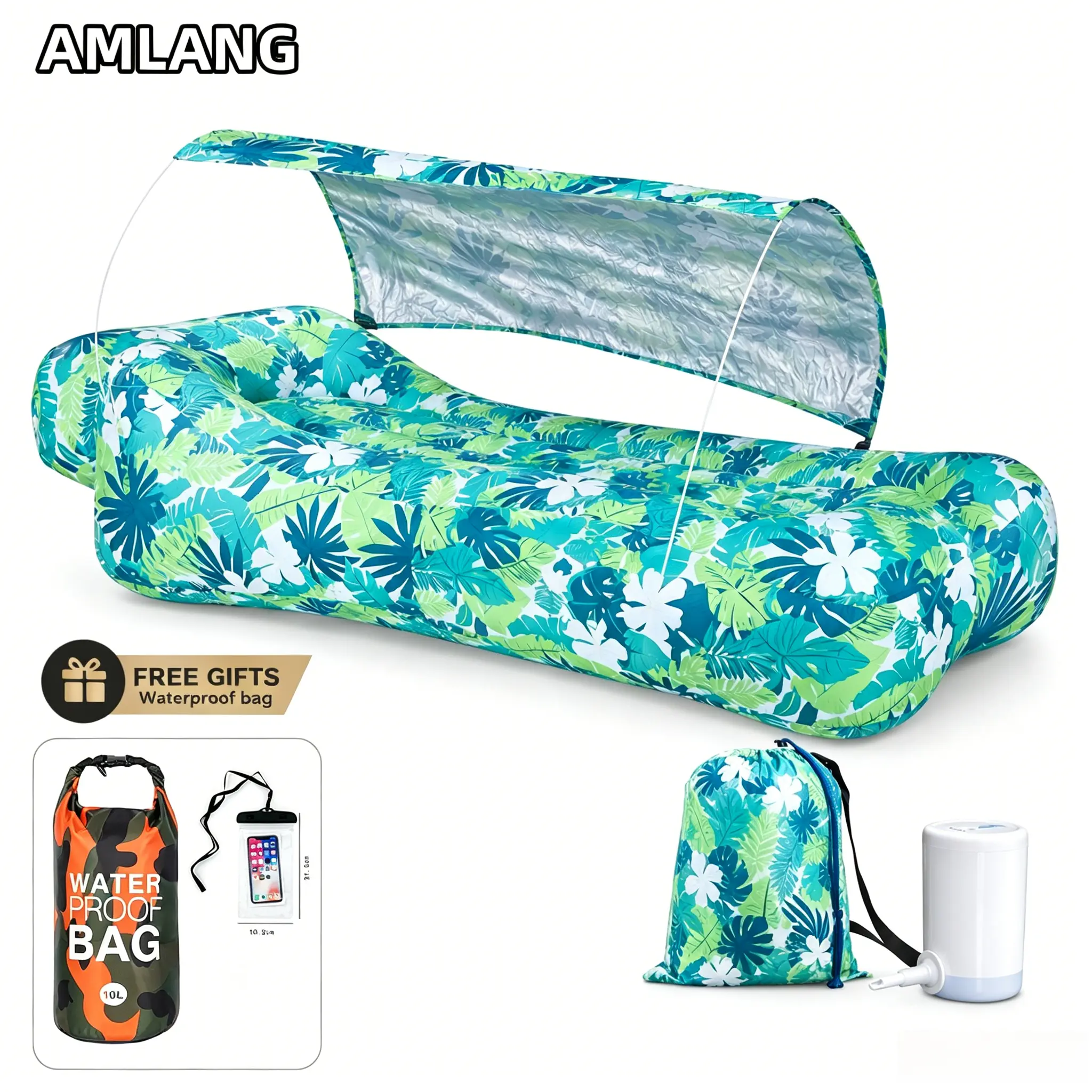 AMANG Leaf Green Polyester Outdoor Comfy Sturdy Couch - Inflatable Air Lounger with Sun Shade, Storage Space, Stability Pegs, 2 Inflation Modes, Pump, Waterproof Bag, Phone Pouch, Headrest for Beach, Camping, Picnic, Music Festival, Outdoor Couch